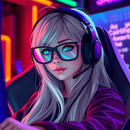 pixel art of a gamer girl with long light hair and blue eyes, wearing black glasses and gamer headphones