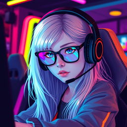 pixel art of a gamer girl with long light hair and blue eyes, wearing black glasses and gamer headphones