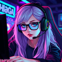 pixel art of a gamer girl with long light hair and blue eyes, wearing black glasses and gamer headphones