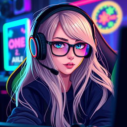 pixel art of a gamer girl with long light hair and blue eyes, wearing black glasses and gamer headphones