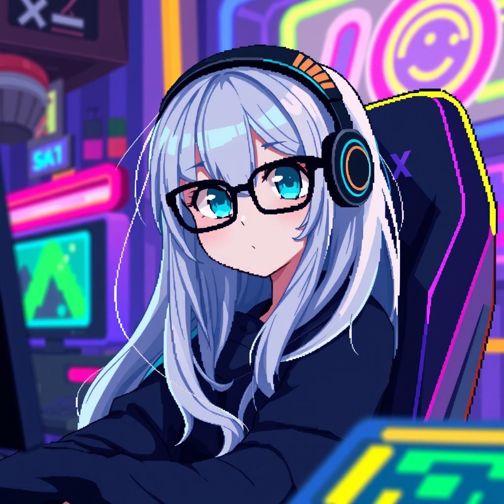 A pixel art character depicting a gamer girl with long light hair and blue eyes