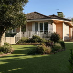 A suburban bungalow with welcoming and warm aesthetic, suitable for a family, surrounded by a lush, well-groomed garden