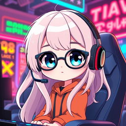 A chibi character illustration of a gamer girl with long light hair and blue eyes