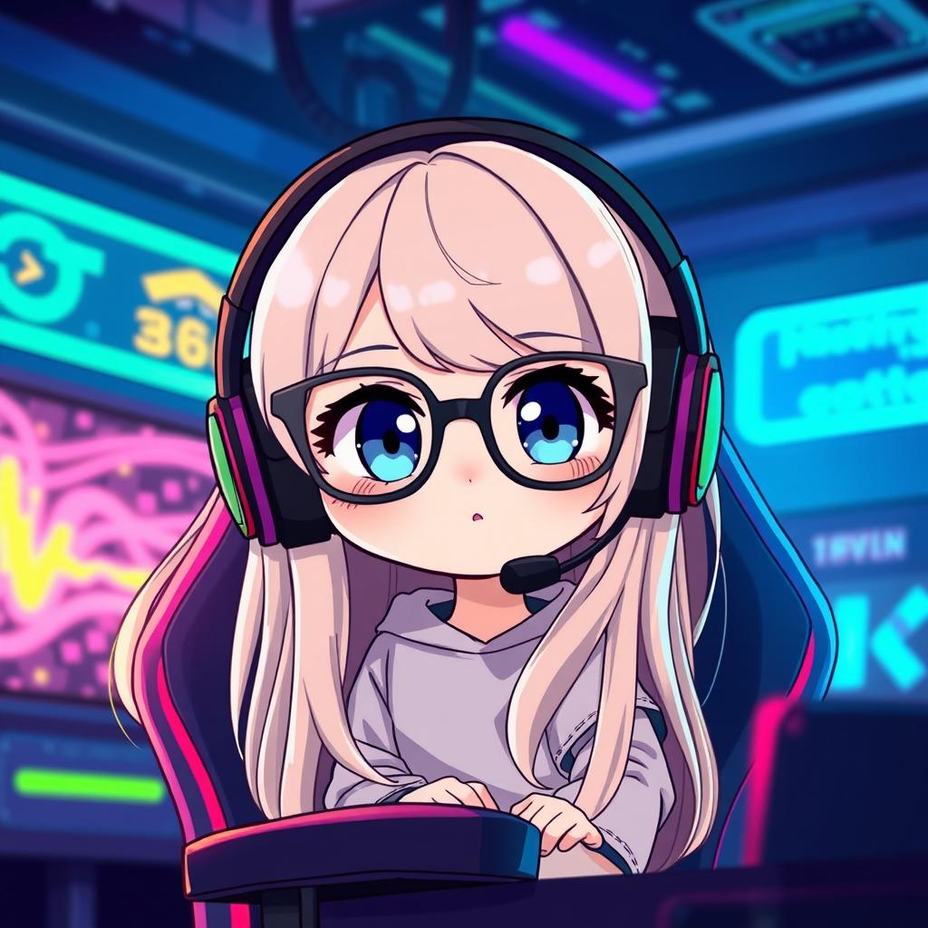 A chibi character illustration of a gamer girl with long light hair and blue eyes