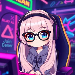 A chibi character illustration of a gamer girl with long light hair and blue eyes