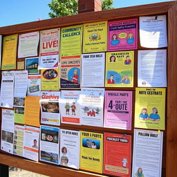 A lively community bulletin board filled with colorful flyers and notices