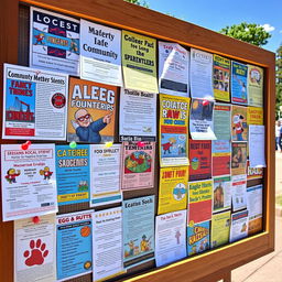 A lively community bulletin board filled with colorful flyers and notices