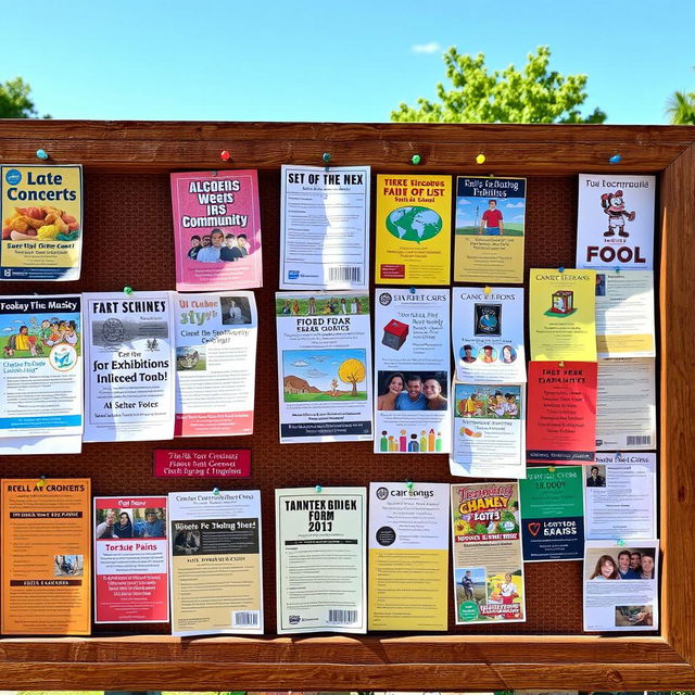 A lively community bulletin board filled with colorful flyers and notices