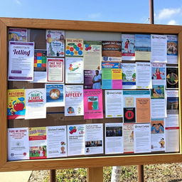 A lively community bulletin board filled with colorful flyers and notices