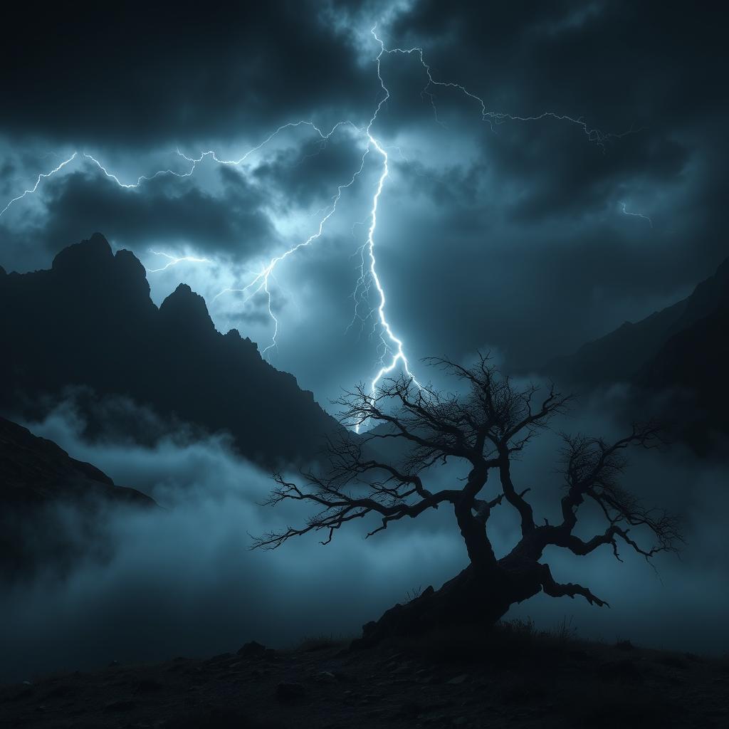 A dark, mysterious landscape with jagged mountains silhouetted against a stormy night sky