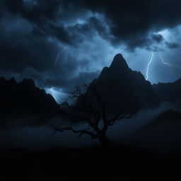 A dark, mysterious landscape with jagged mountains silhouetted against a stormy night sky