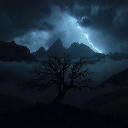 A dark, mysterious landscape with jagged mountains silhouetted against a stormy night sky