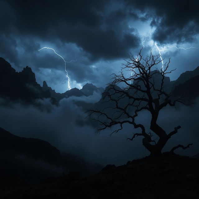 A dark, mysterious landscape with jagged mountains silhouetted against a stormy night sky