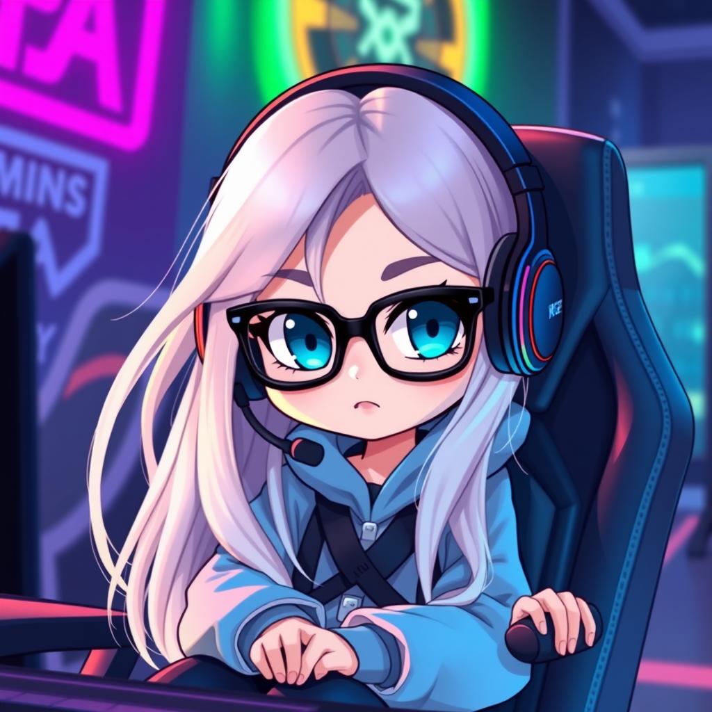 Chibi character design of a gamer woman with long, light-colored hair and striking blue eyes