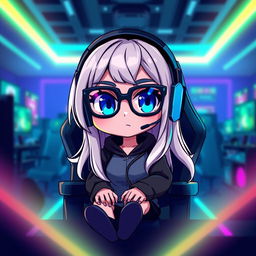 Chibi character design of a gamer woman with long, light-colored hair and striking blue eyes