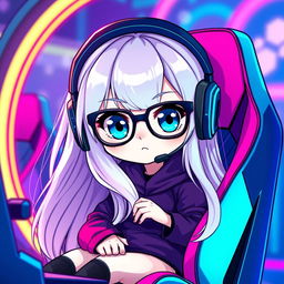 Chibi character design of a gamer woman with long, light-colored hair and striking blue eyes