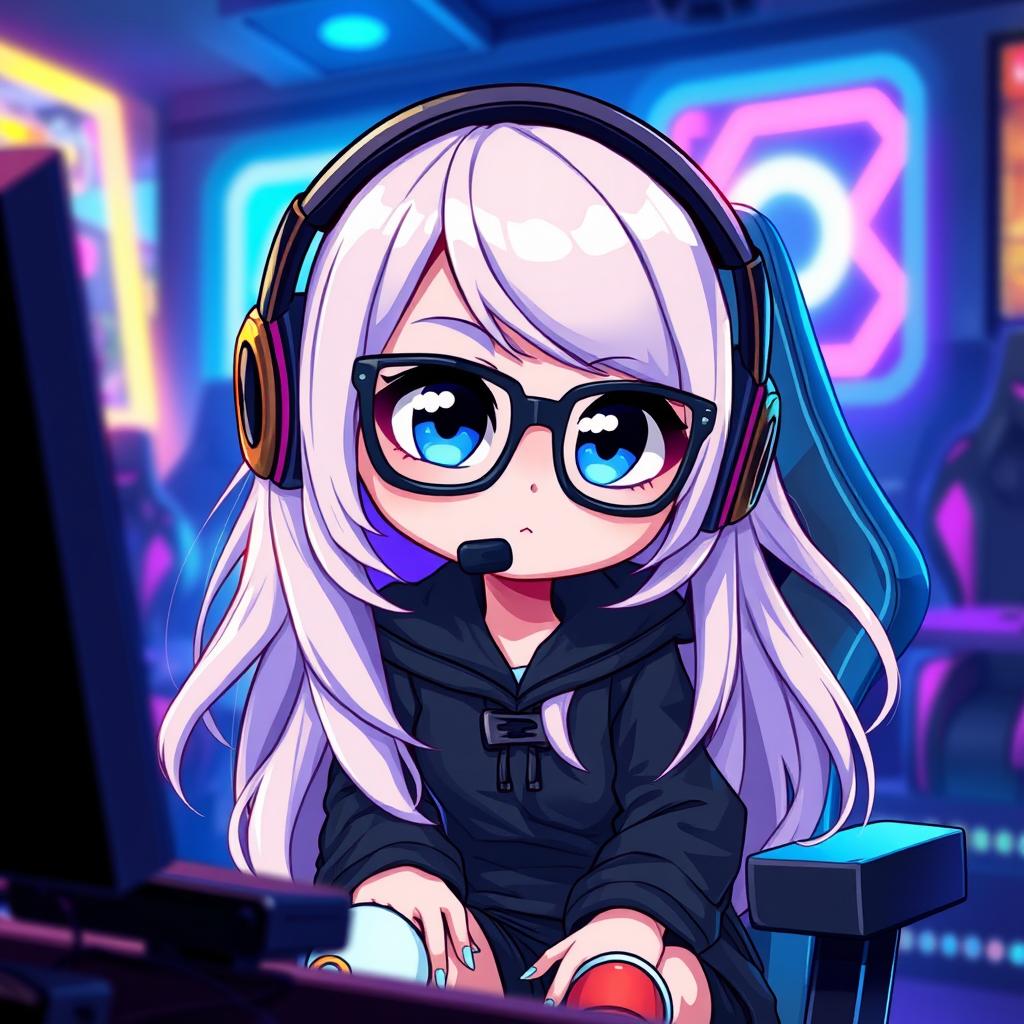 Chibi character design of a gamer woman with long, light-colored hair and striking blue eyes