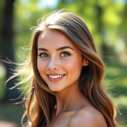 A portrait of a beautiful young woman with flowing hair, captivating eyes, and a confident smile, set in a serene outdoor setting with natural lighting and a soft bokeh background