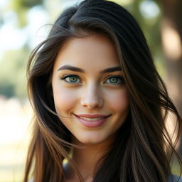 A portrait of a beautiful young woman with flowing hair, captivating eyes, and a confident smile, set in a serene outdoor setting with natural lighting and a soft bokeh background