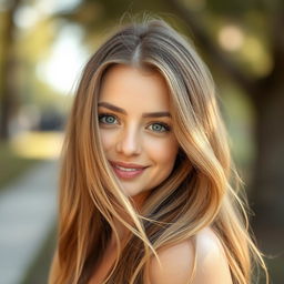 A portrait of a beautiful young woman with flowing hair, captivating eyes, and a confident smile, set in a serene outdoor setting with natural lighting and a soft bokeh background