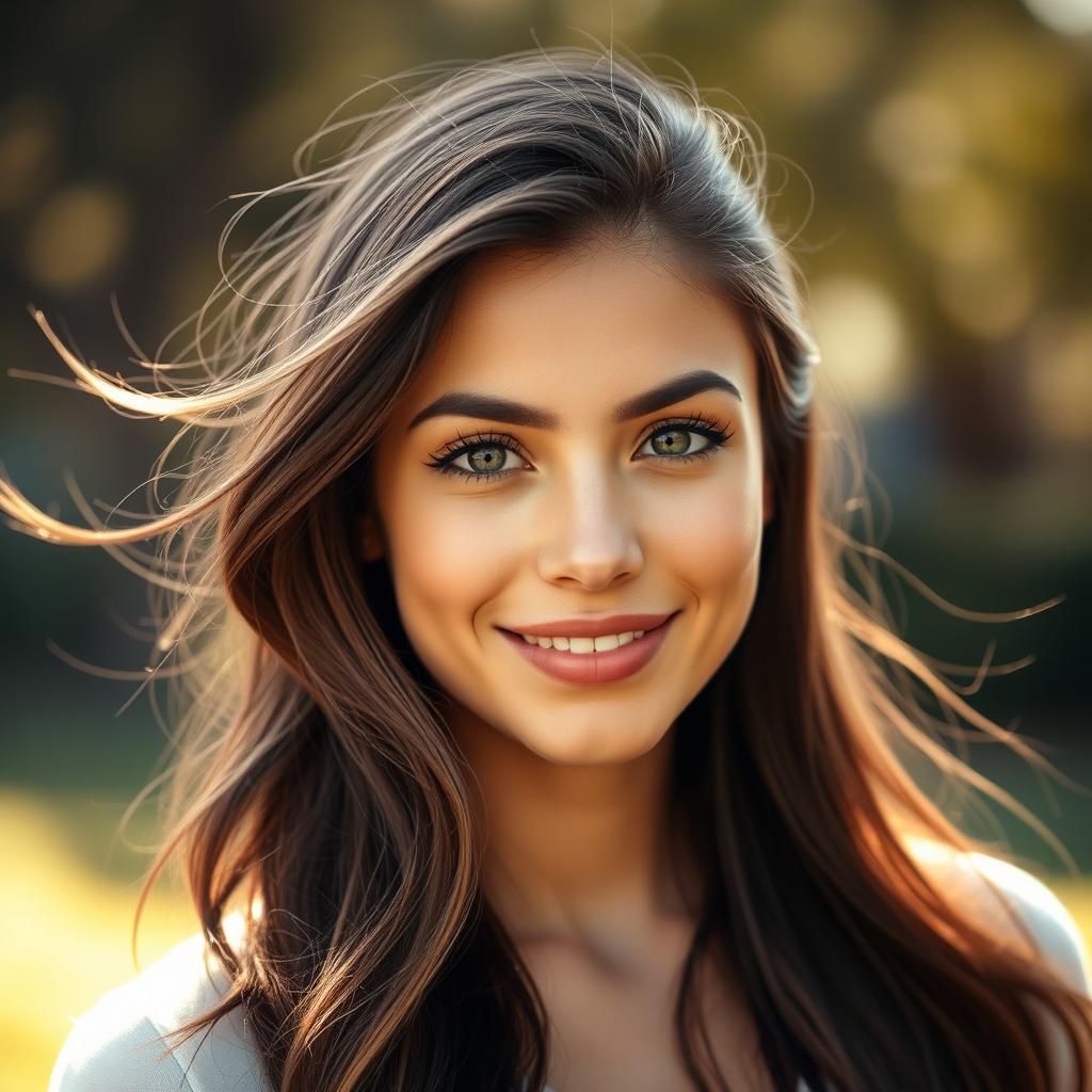 A portrait of a beautiful young woman with flowing hair, captivating eyes, and a confident smile, set in a serene outdoor setting with natural lighting and a soft bokeh background