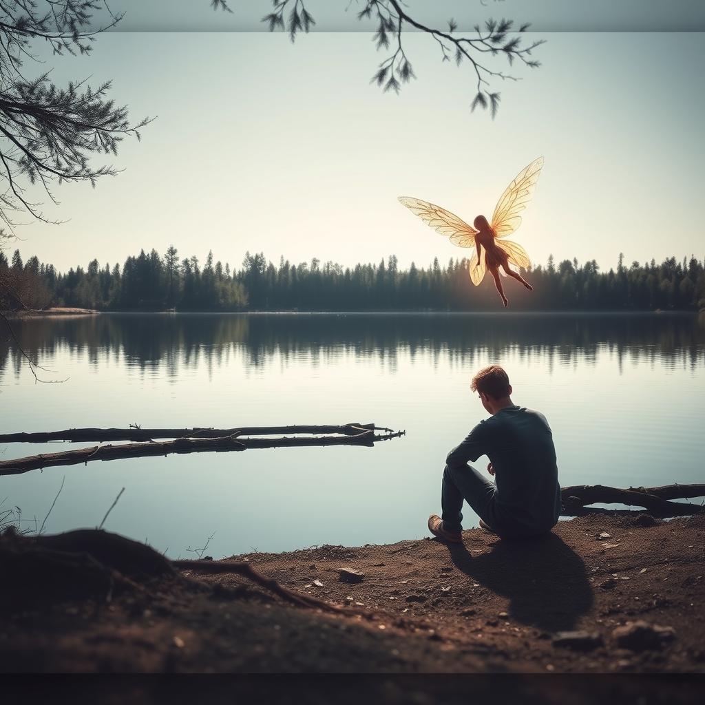 A despondent man sitting on the ground at the edge of a serene lake