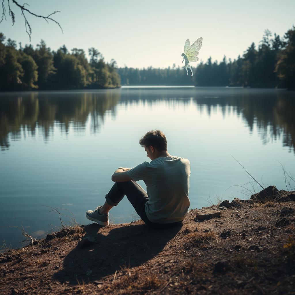 A despondent man sitting on the ground at the edge of a serene lake