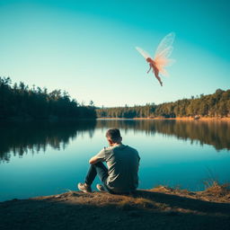 A despondent man sitting on the ground at the edge of a serene lake