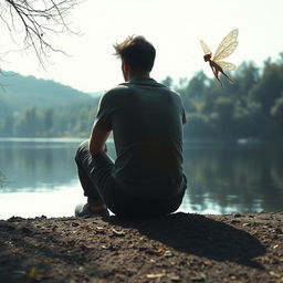 A despondent man sitting on the ground at the edge of a serene lake