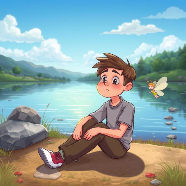 A despondent man sitting on the ground at the edge of a scenic lake in a child-friendly, cartoonish style