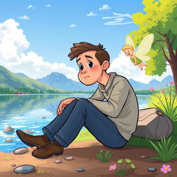 A despondent man sitting on the ground at the edge of a scenic lake in a child-friendly, cartoonish style