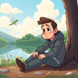 A despondent man sitting on the ground at the edge of a scenic lake in a child-friendly, cartoonish style