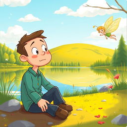 A despondent man sitting on the ground at the edge of a scenic lake in a child-friendly, cartoonish style