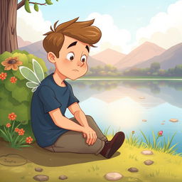 A despondent man sitting on the ground at the edge of a scenic lake in a child-friendly, cartoonish style