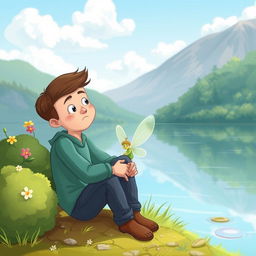 A despondent man sitting on the ground at the edge of a scenic lake in a child-friendly, cartoonish style