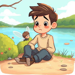 A despondent man sitting on the ground at the edge of a scenic lake in a child-friendly, cartoonish style