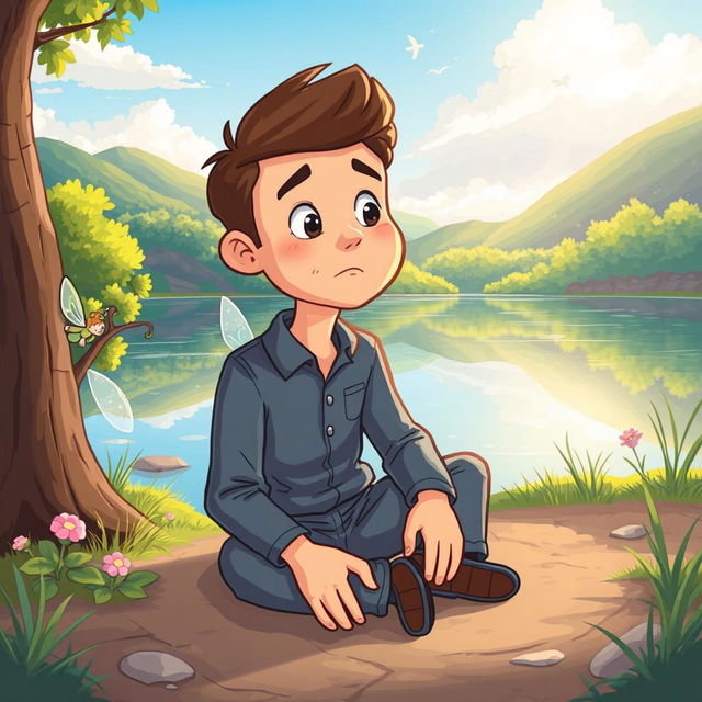 A despondent man sitting on the ground at the edge of a scenic lake in a child-friendly, cartoonish style