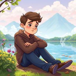 A despondent man sitting on the ground at the edge of a scenic lake in a child-friendly, cartoonish style