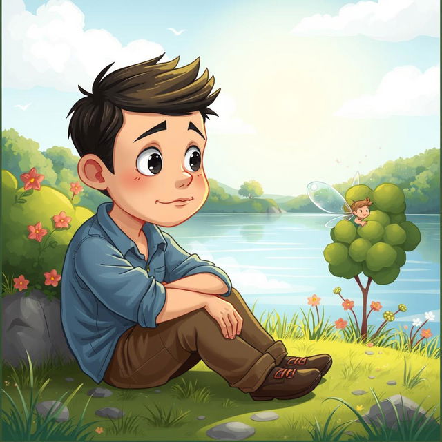 A despondent man sitting on the ground at the edge of a scenic lake in a child-friendly, cartoonish style