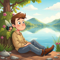 A despondent man sitting on the ground at the edge of a scenic lake in a child-friendly, cartoonish style