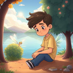 A despondent man sitting on the ground at the edge of a scenic lake in a child-friendly, cartoonish style