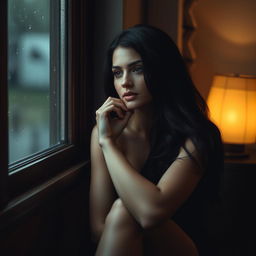 A thoughtful and sexy woman, sitting alone by the window in a dimly lit room, with rain softly falling outside