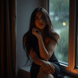 A thoughtful and sexy woman, sitting alone by the window in a dimly lit room, with rain softly falling outside