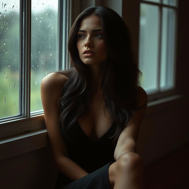 A thoughtful and sexy woman, sitting alone by the window in a dimly lit room, with rain softly falling outside