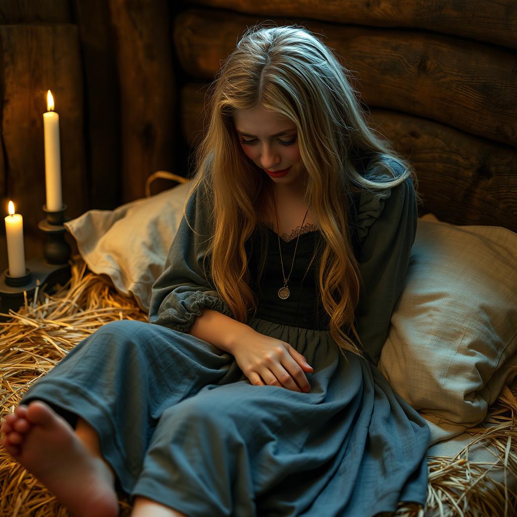 A young peasant woman crying with her head buried in her straw mattress bed