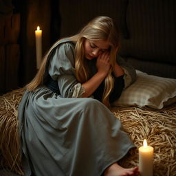 A young peasant woman crying with her head buried in her straw mattress bed