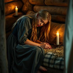 A young peasant woman crying with her head buried in her straw mattress bed