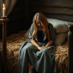 A young peasant woman crying with her head buried in her straw mattress bed