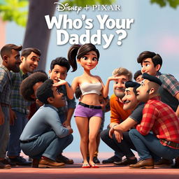 A Disney + Pixar 3D render poster depicting a group of men surrounding and crouching near a beautiful woman