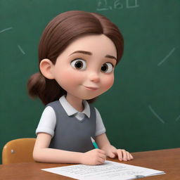 Animated image of a girl with brown hair, writing diligently on a school board.